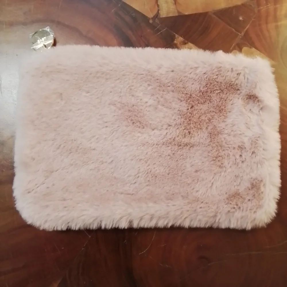 Loft Pink Plush Faux Fur Love Cosmetic Bag Gold Toned Zipper & Pull